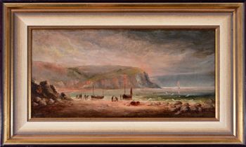 "Küstenlandschaft mit Figurenstaffage", Öl auf Holztafel, ca. 18 x 36 cm, 19. Jhdt., rückseitig auf
