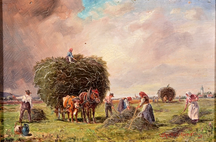 "Heuernte" - kleinformatiges Gemälde, Öl auf Holztafel, ca. 11 x ca. 16,5 cm, unten rechts signiert - Image 3 of 7