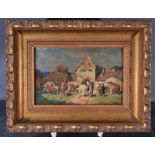 "Dörflicher Pferdemarkt vor Stadttor", kleinformatiges Gemälde, Öl auf Holztafel, ca. 15,5 x 24 cm;
