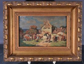 "Dörflicher Pferdemarkt vor Stadttor", kleinformatiges Gemälde, Öl auf Holztafel, ca. 15,5 x 24 cm;