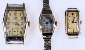 3 tlg. Konvolut älterer Armbanduhren in 14K Gelbgoldgehäusen, Bestehend aus 1x Herrenuhr "Anker", c