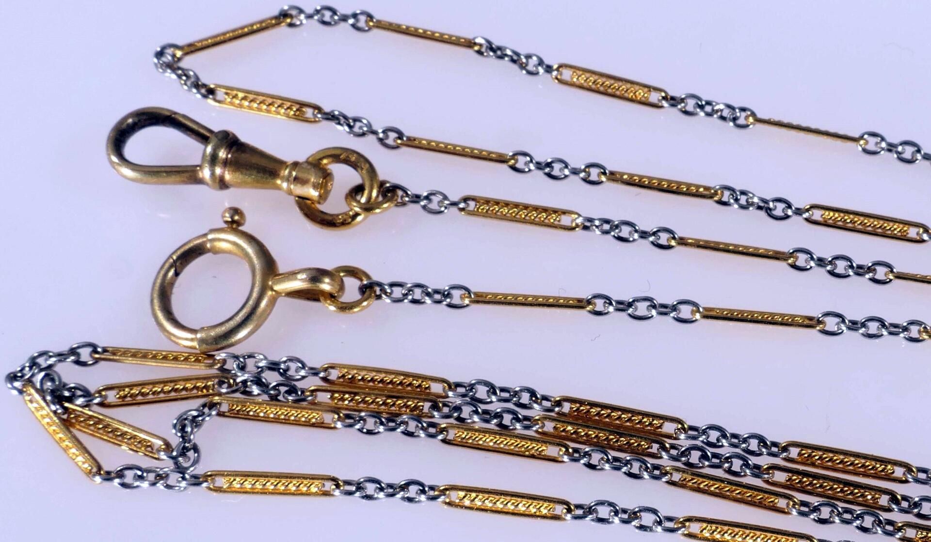 Sehr lange, zarte Bicolor Gliederkette / Halskette mit Karabinerverschluss, 14k Gelb- & Weißgold, L - Bild 3 aus 4