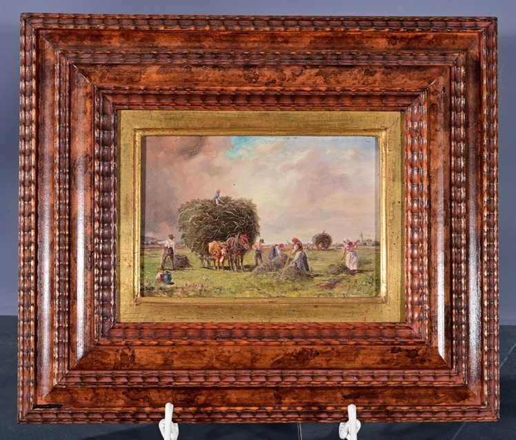 "Heuernte" - kleinformatiges Gemälde, Öl auf Holztafel, ca. 11 x ca. 16,5 cm, unten rechts signiert - Image 2 of 7