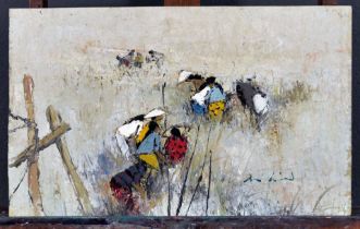 "Im Reisfeld" - impressionistische, wohl asiatische Malerei, Öl / Acryl auf Holzfaser, ca. 37 x 61