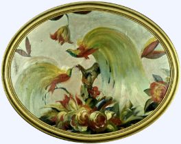 "Vogelpaar" - großes, ovales Gemälde, Öl auf Malkarton, ca. 75 x 95 cm, unten rechts signiert und d