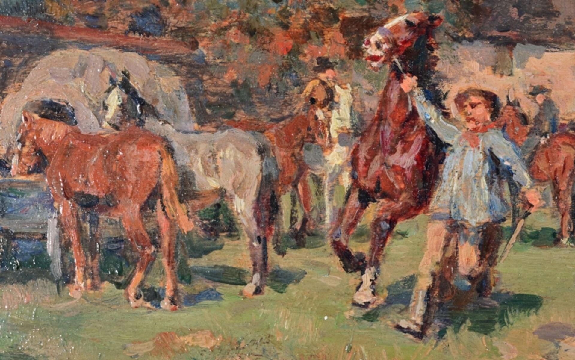 "Dörflicher Pferdemarkt vor Stadttor", kleinformatiges Gemälde, Öl auf Holztafel, ca. 15,5 x 24 cm; - Image 3 of 5