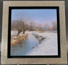 "Hofstelle in winterlicher Landschaft", kleinformatiges Gemälde, ca. 20 x 20 cm, Öl / Acryl auf Pla
