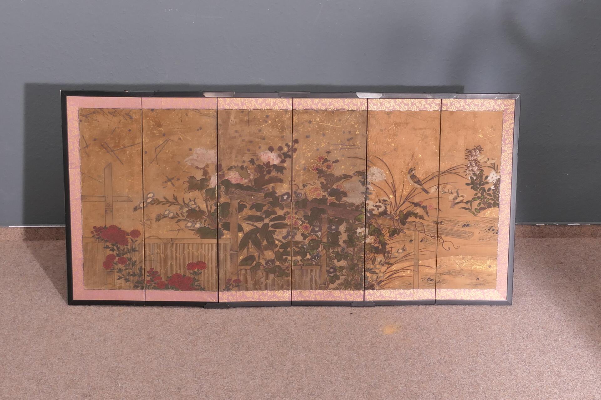 6 tlg. Paravent - Wandbild, Asien, 2. Hälfte 20. Jhd., ca. 63 x 132 cm, guter Erhalt. Zusammenklapp
