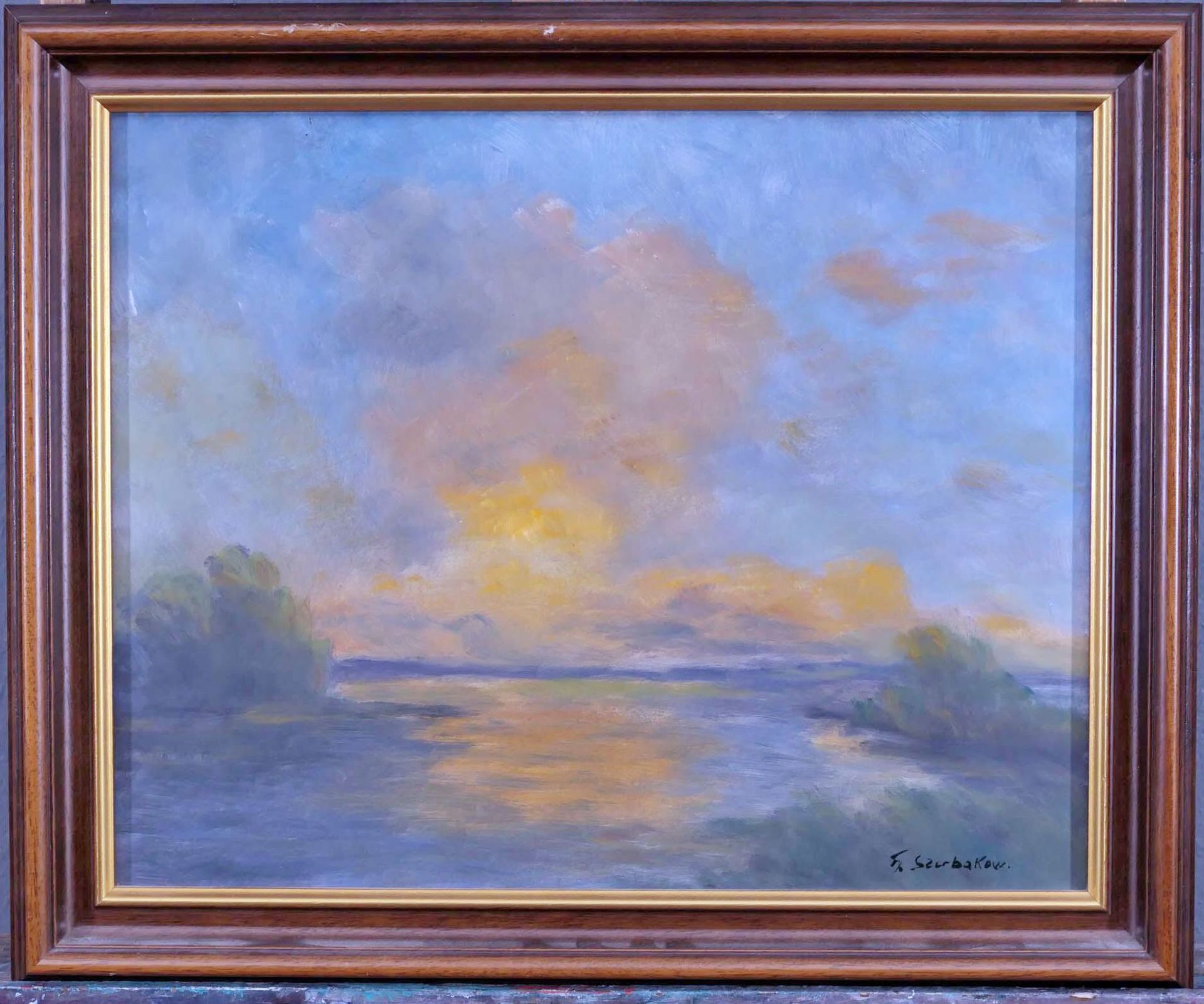 "Wolkenstimmung im Moor bei Hochwasser" - (org. Titel), Gemälde, Öl auf Hartfaser, ca. 40 x 50 cm, 