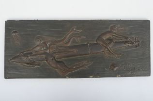 "Der Grundgänger" - Querformatige Reliefplatte, bronzierter Gips- oder Keramikguss, unten rechts mo