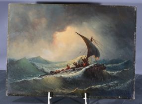 "Schiffsbrüchige auf einem Floss in stürmischer See", Gemälde, Öl auf Nussbaumtafel, ca. 32 x 43 cm