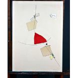 "Abstrakte Komposition" mit rotem "Dreieck", hinter Glas gerahmte multiple Farblithographie des Rud