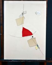 "Abstrakte Komposition" mit rotem "Dreieck", hinter Glas gerahmte multiple Farblithographie des Rud