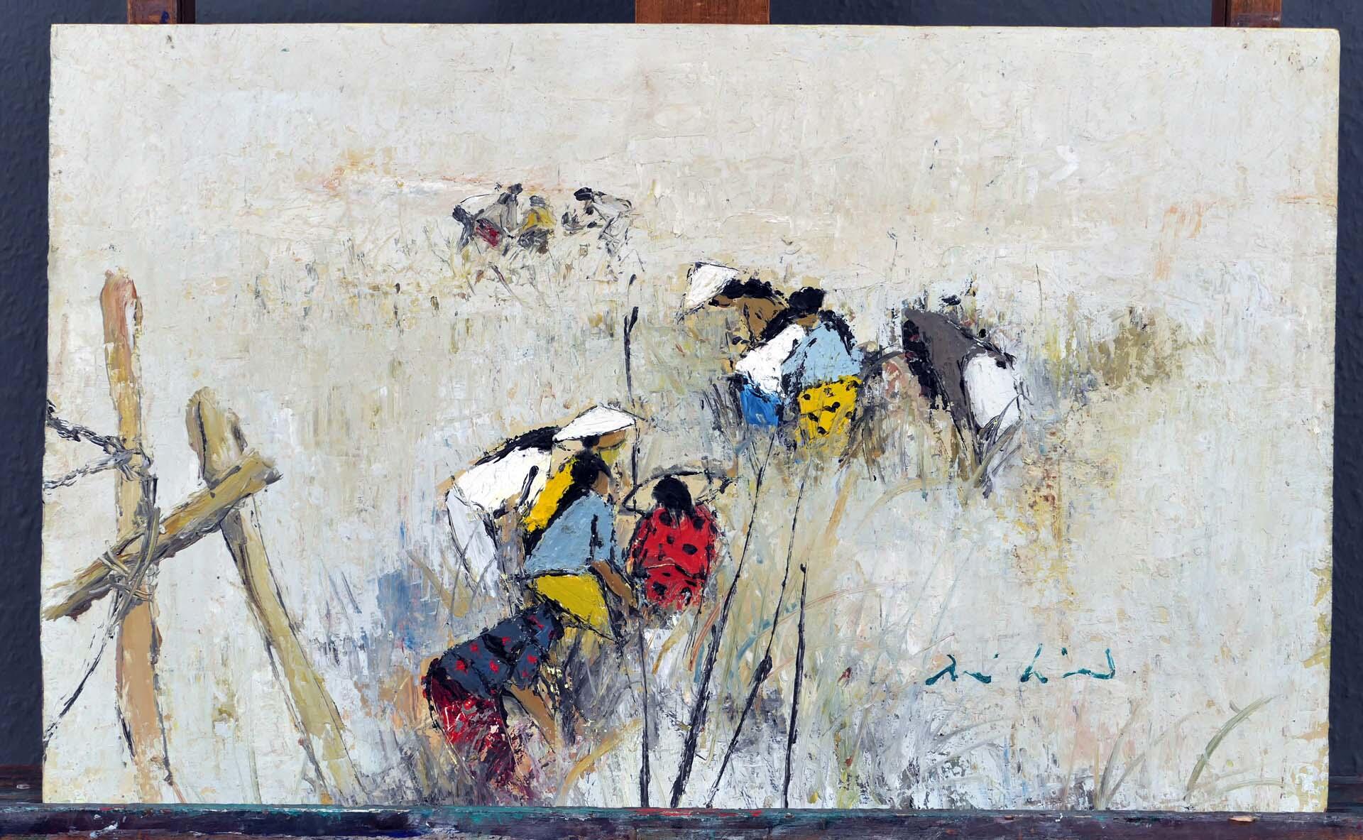 "Im Reisfeld" - impressionistische, wohl asiatische Malerei, Öl / Acryl auf Holzfaser, ca. 37 x 61 - Image 2 of 4