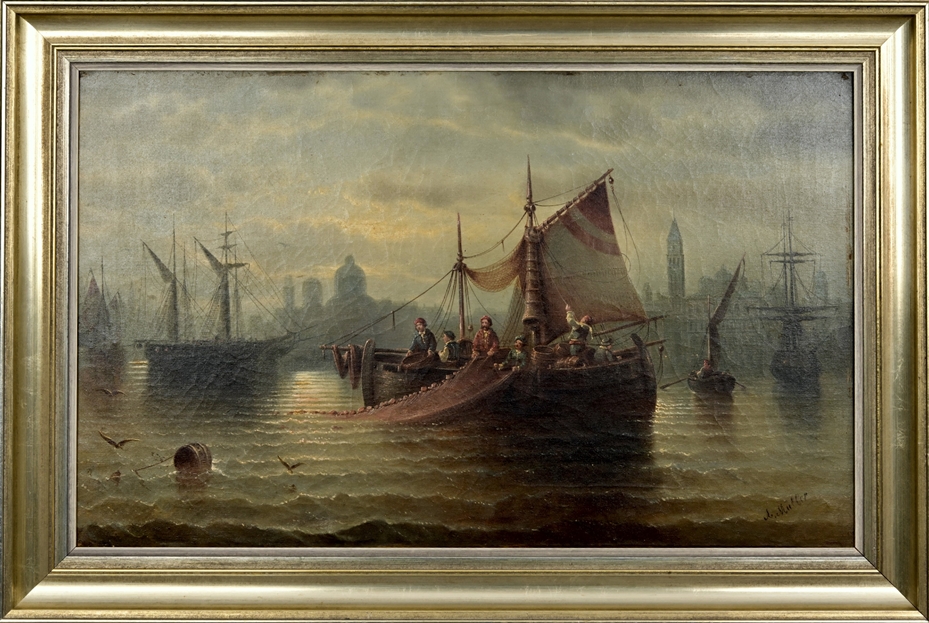 "Venezianische Lagunenfischer" - querformatiges Gemälde, Öl auf Leinwand, wohl 1. Drittel 20. Jhdt.