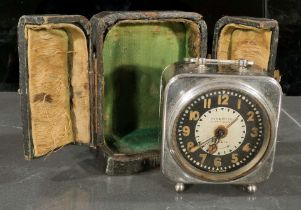 "Inventic Alarm Clock" - antiker Reisewecker in org. Lederetui um 1900 / 20, vernickeltes Metallgeh