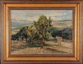 "Sommerliche südländische Landschaft", Gemälde, Öl auf Malkarton oder Hartfaserplatte, ca. 29 x 40