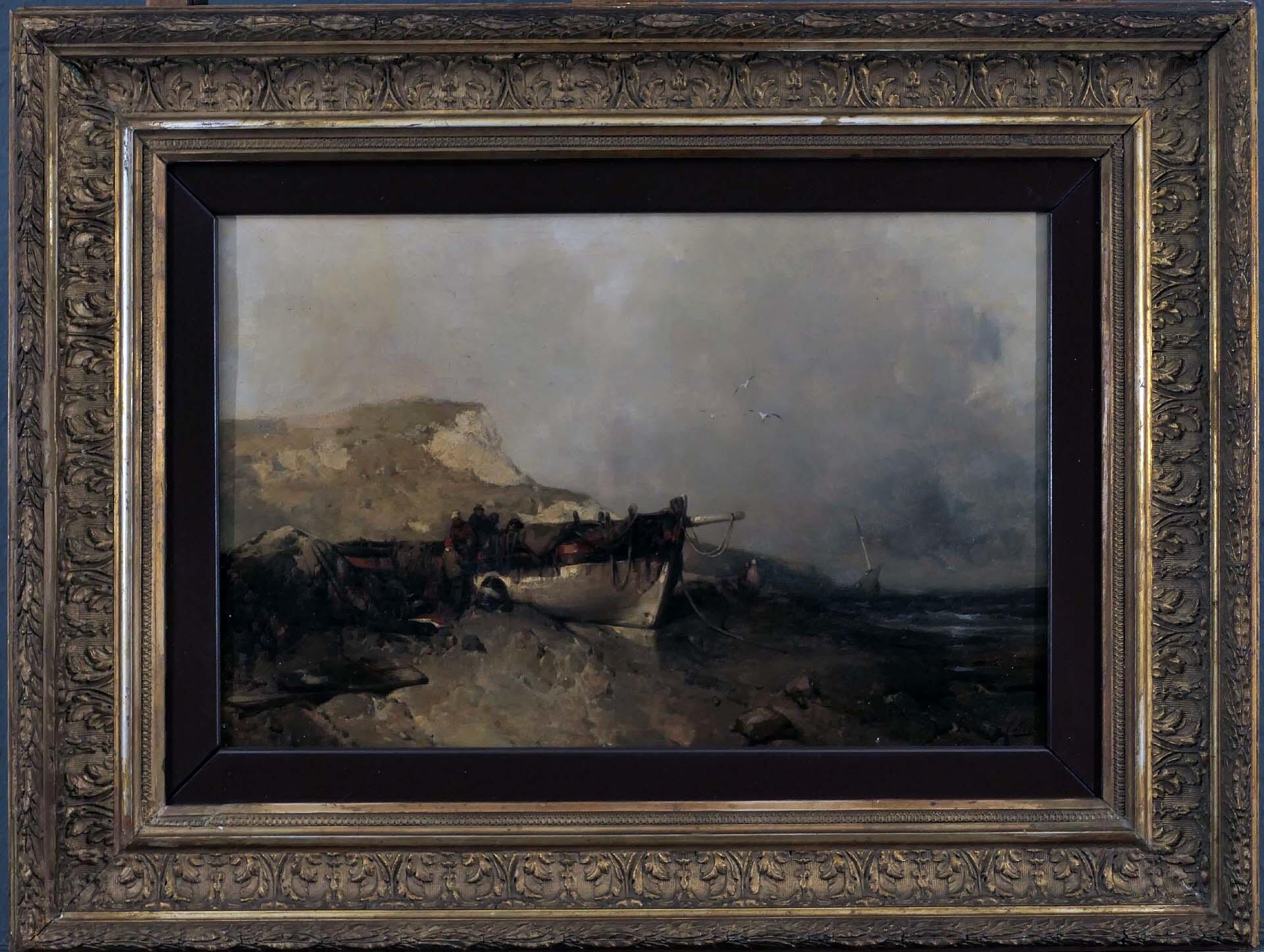 "Strandpartie mit Boot und Figurenstaffage", Gemälde, Öl auf Leinwand, ca. 35 x 57 cm, unten rechts - Image 2 of 5
