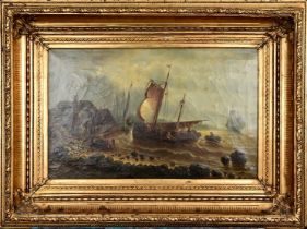 "Heimkehrende Fischer" - großformatiges Gemälde, Öl auf Leinwand, um 1900, ca. 43 x 68,5 cm, unten