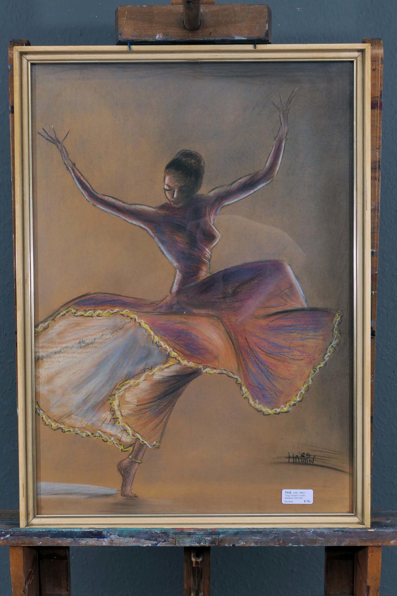 "Tango Tänzerin" in voller Bewegung. hinter Glas gerahmte, partiell mit Deckweiß gehöhte Kreidezeic - Image 5 of 5