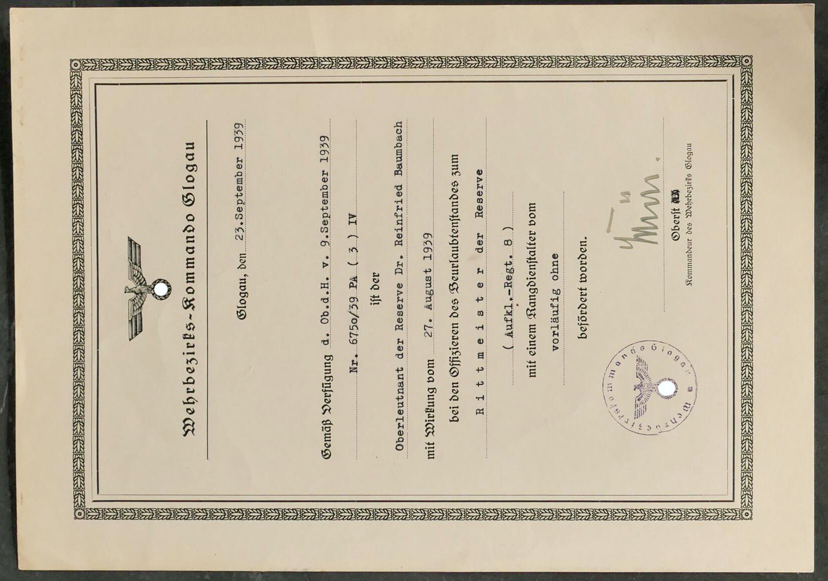 3 teiliger militärischer Urkundennachlass des Dr. Reinfried von Baumbach bestehend aus: "Ernennung  - Bild 4 aus 9