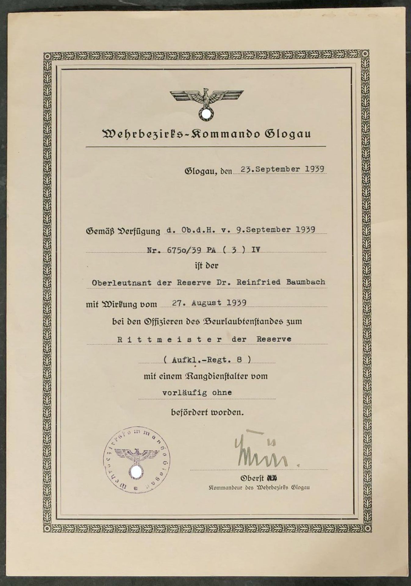 3 teiliger militärischer Urkundennachlass des Dr. Reinfried von Baumbach bestehend aus: "Ernennung  - Bild 4 aus 9