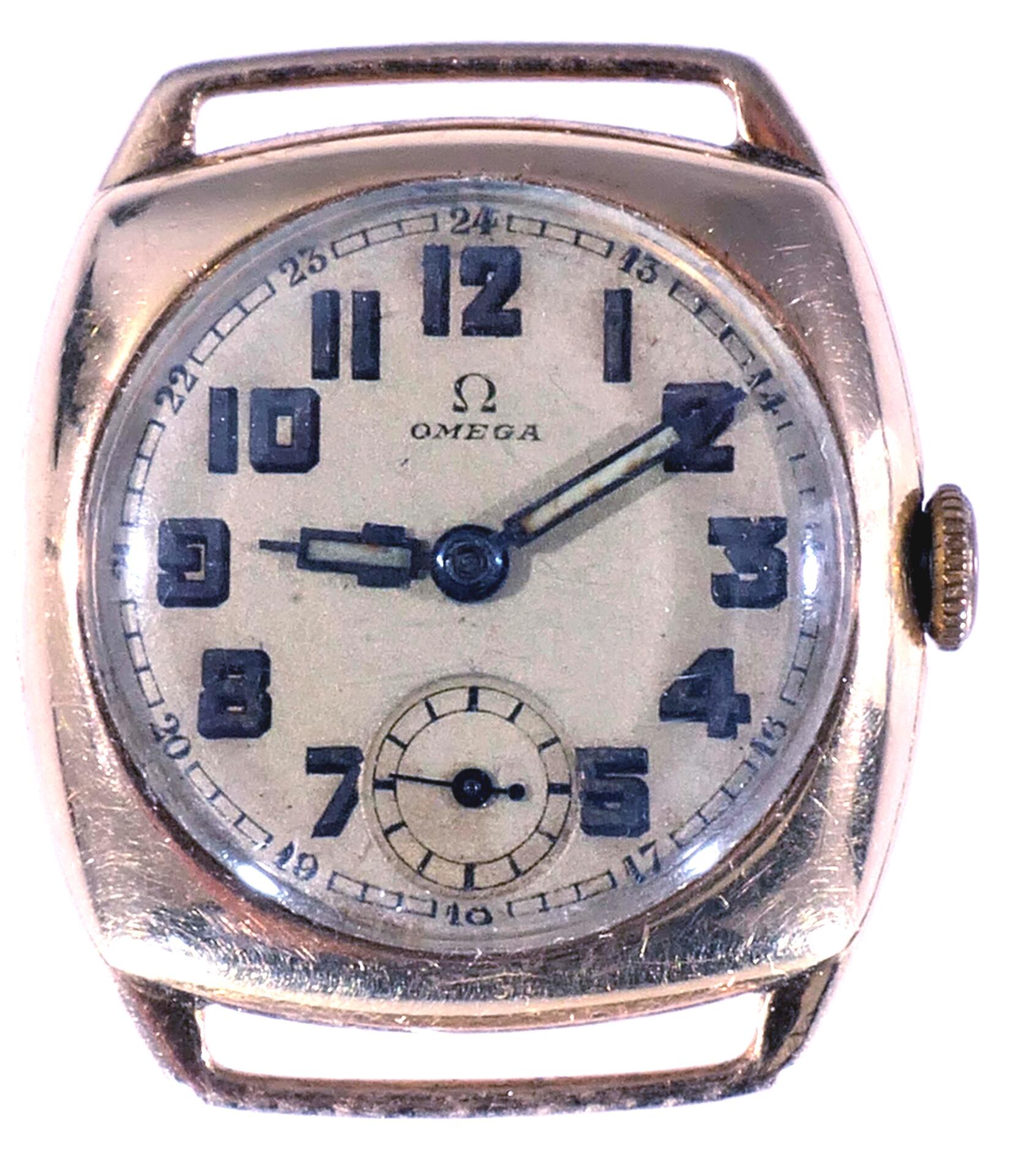 Omega - Unisex Armbanduhr der wohl 1930er / 40er Jahre, Werk mit Handauszug läuft an, 14K Gelbgoldg
