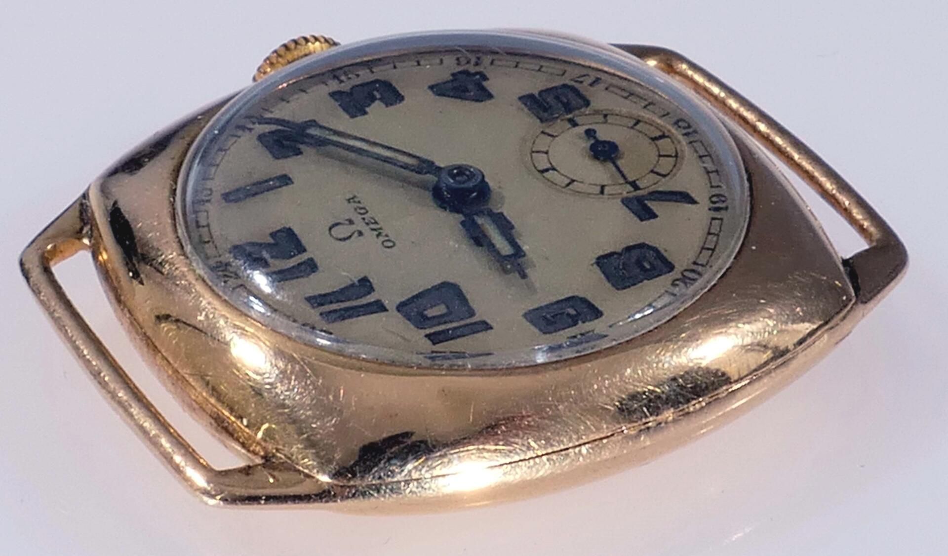 Omega - Unisex Armbanduhr der wohl 1930er / 40er Jahre, Werk mit Handauszug läuft an, 14K Gelbgoldg - Bild 4 aus 9