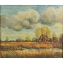 "Herbstliche Moorlandschaft mit Katen" - querformatiges Gemälde, Öl auf Holzfaser, ca. 60 x 70 cm,