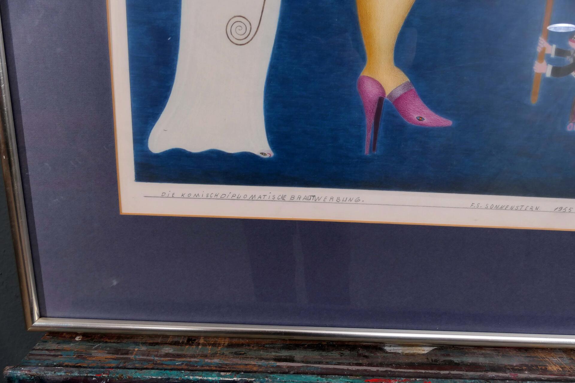 "Die komisch diplomatische Brautwerbung" hinter Glas gerahmte, originale Farbstiftzeichnung auf "Sc - Image 6 of 15