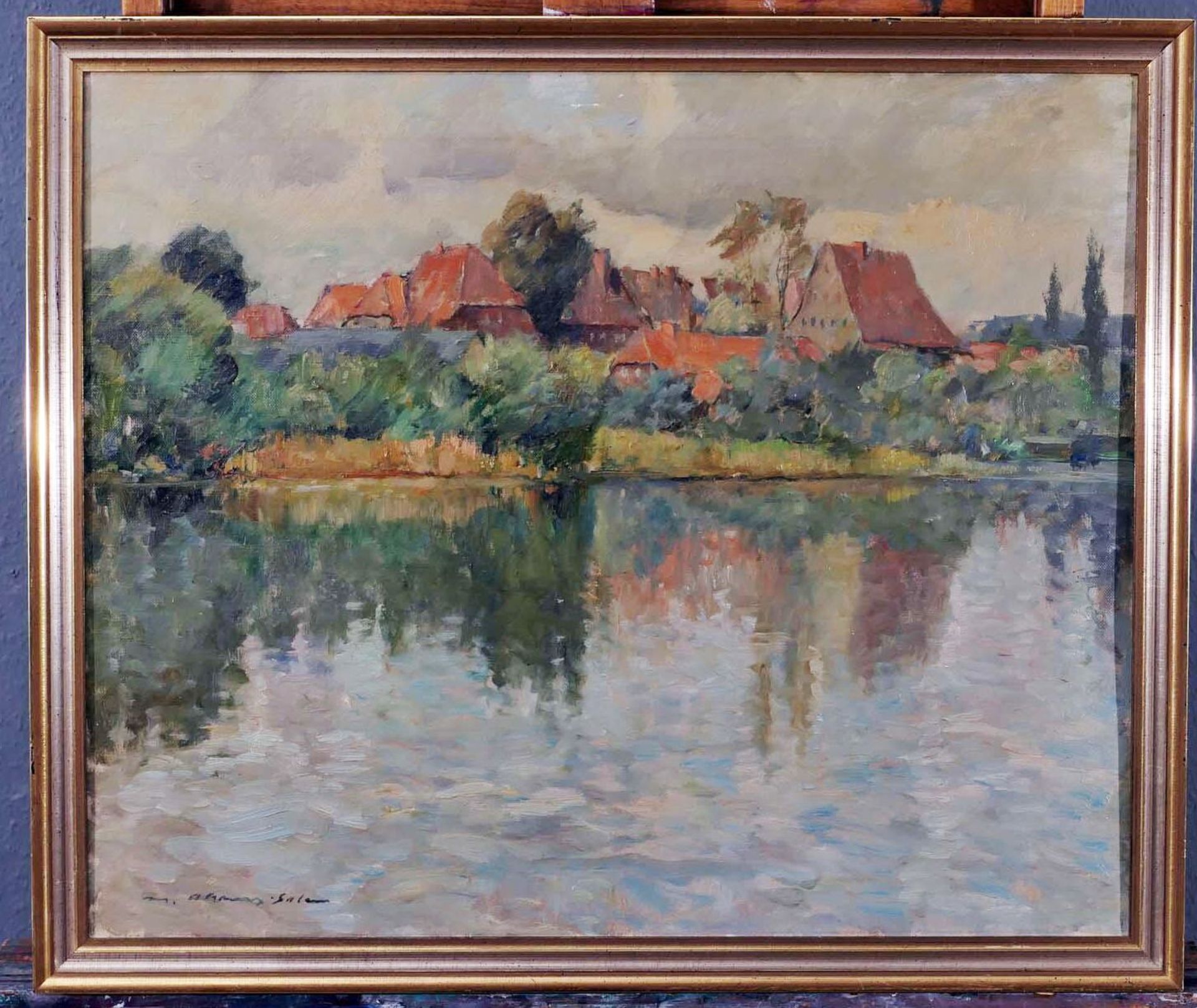 "Blick über den Schulsee auf Mölln" - Gemälde, Öl auf Leinwand, ca. 50 x 60 cm, unten links signier