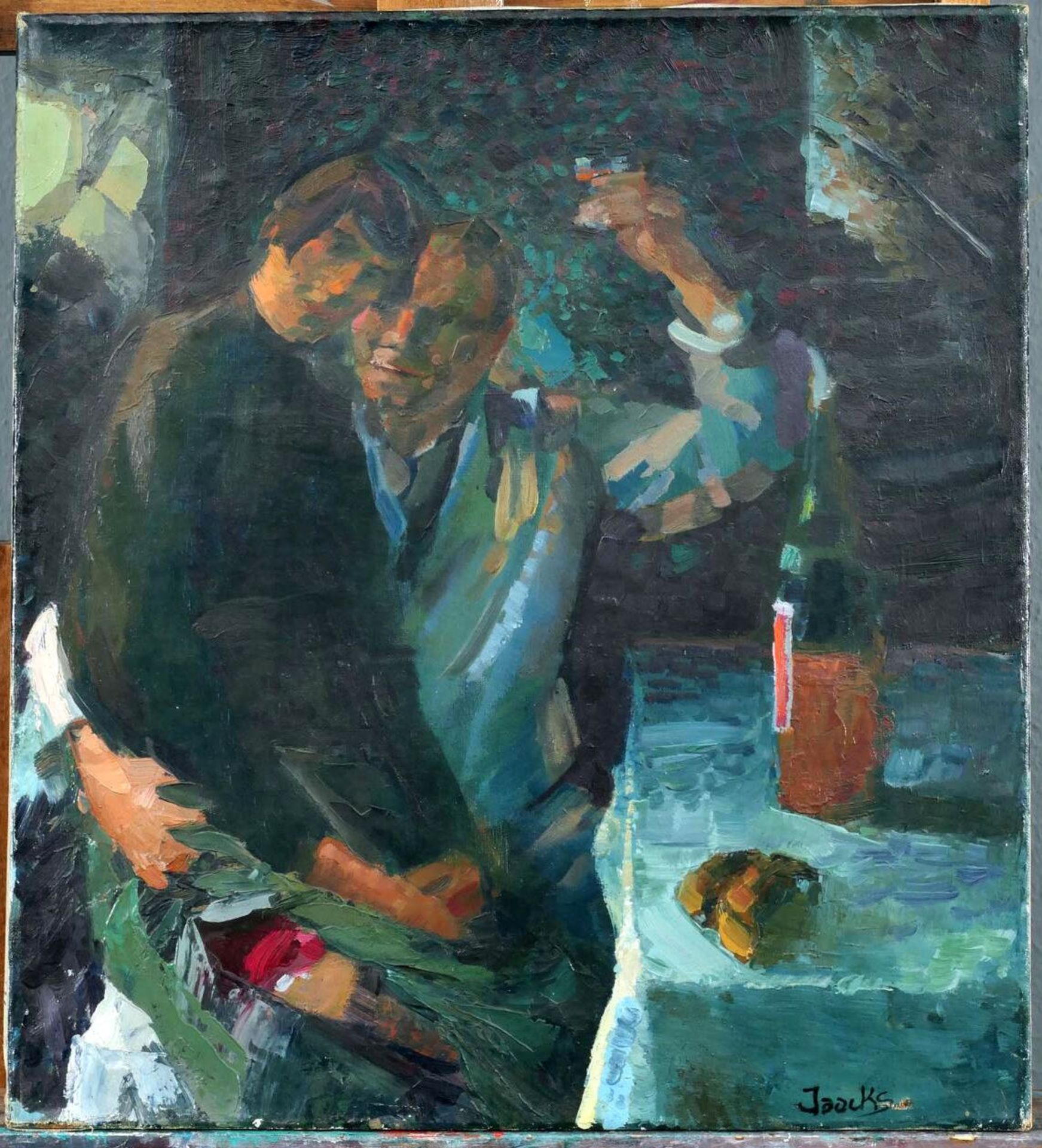 "Selbstbildnis mit seiner Muse" - ungerahmtes Gemälde, Öl auf Leinwand, ca. 55 x 50 cm, unten recht - Image 2 of 3