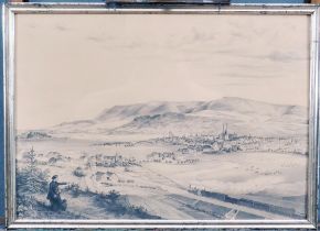 Frühe Lithographie, wohl 1. Hälfte 19. Jhd. 2 Künstler zeichnen einen kleinen Ort, im Tal fährt ein