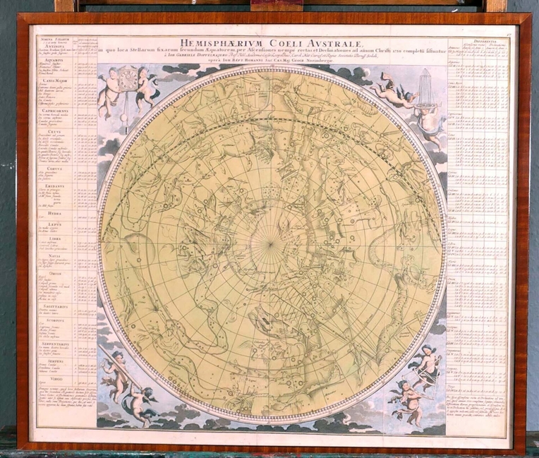 Antiker teil-kolorierter Kupferstich des 18. Jhd., um 1730, bez.: "Hemisphaerium Coeli Australe", v