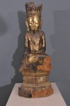 "Sitzender Buddha", Holz geschnitzt, Fehlstellen, Schäden, unbekanntes Alter, Höhe ca. 69 cm.