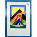 "Brauner Berg" - hinter Glas gerahmte multiple Farbserigraphie des Rene Myrka (geb. 1939) von 1972,