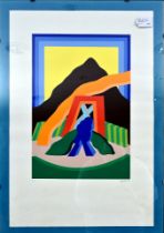 "Brauner Berg" - hinter Glas gerahmte multiple Farbserigraphie des Rene Myrka (geb. 1939) von 1972,