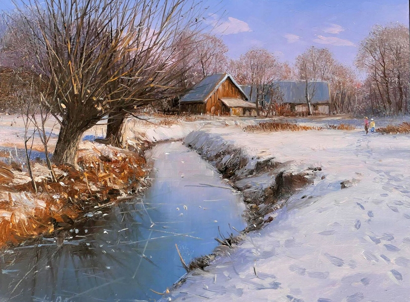 "Hofstelle in winterlicher Landschaft", kleinformatiges Gemälde, ca. 20 x 20 cm, Öl / Acryl auf Pla - Image 2 of 3