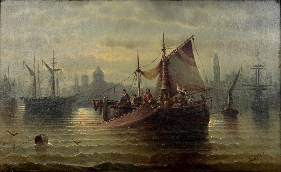 "Venezianische Lagunenfischer" - querformatiges Gemälde, Öl auf Leinwand, wohl 1. Drittel 20. Jhdt. - Image 2 of 5