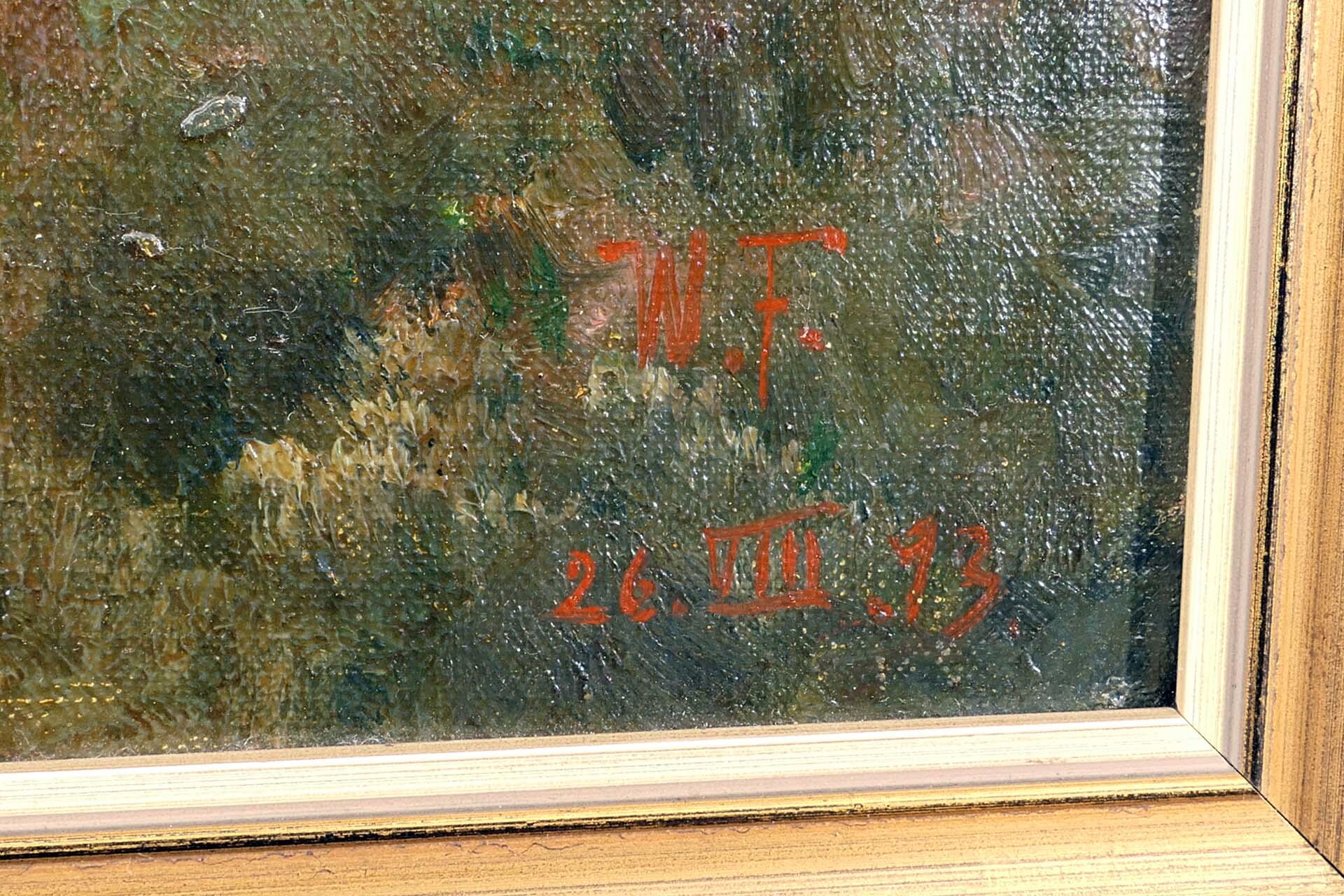 "Harzlandschaft" - Öl auf Malkarton, ca. 42 x 52 cm, unten rechts monogrammiert und datiert: "W.F. - Image 3 of 6