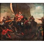 "Anlandende Truppen", kleinformatiges Gemälde des 18. Jhdts., Öl auf Holztafel, ca. 19 x 22 cm, uns