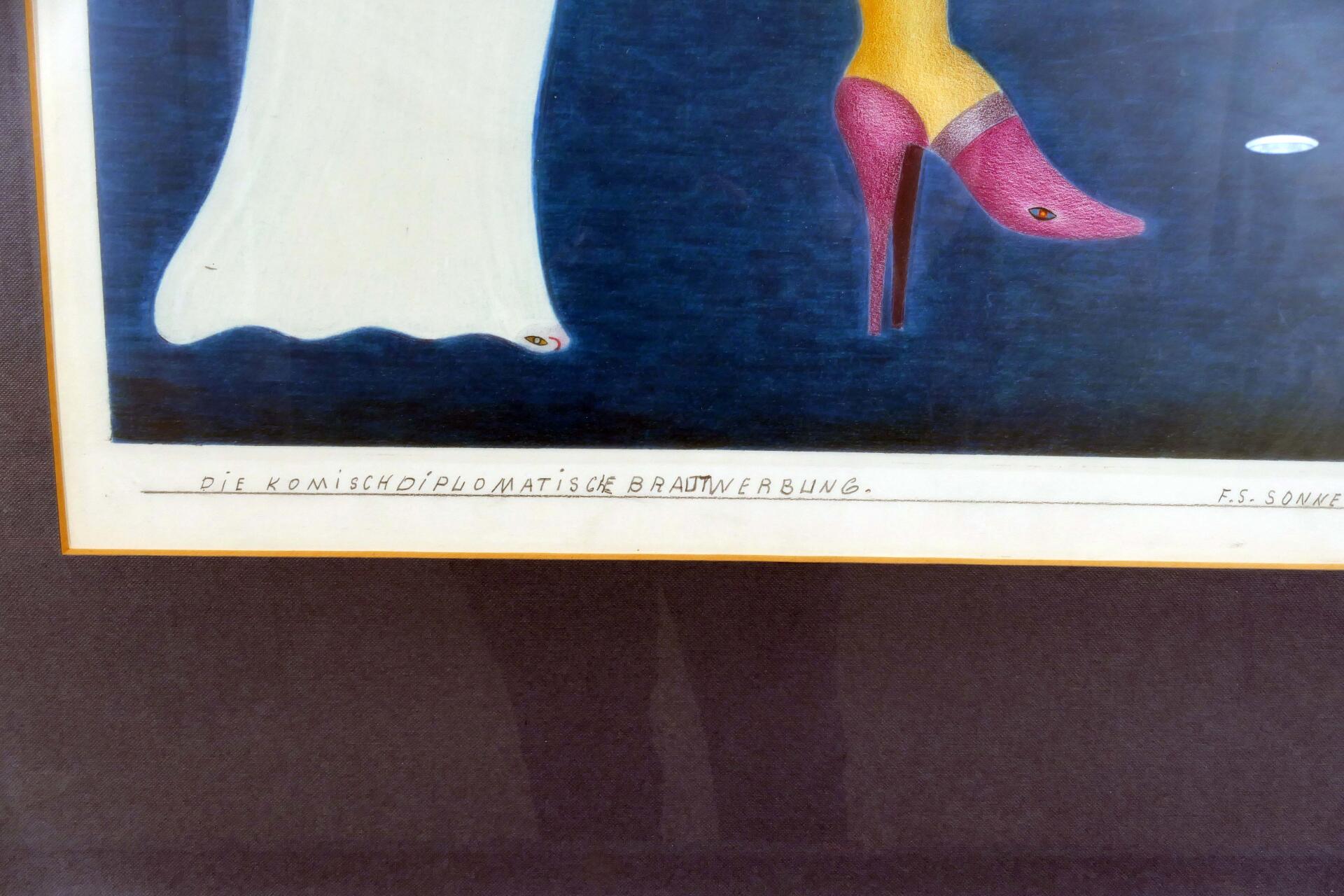 "Die komisch diplomatische Brautwerbung" hinter Glas gerahmte, originale Farbstiftzeichnung auf "Sc - Image 4 of 15