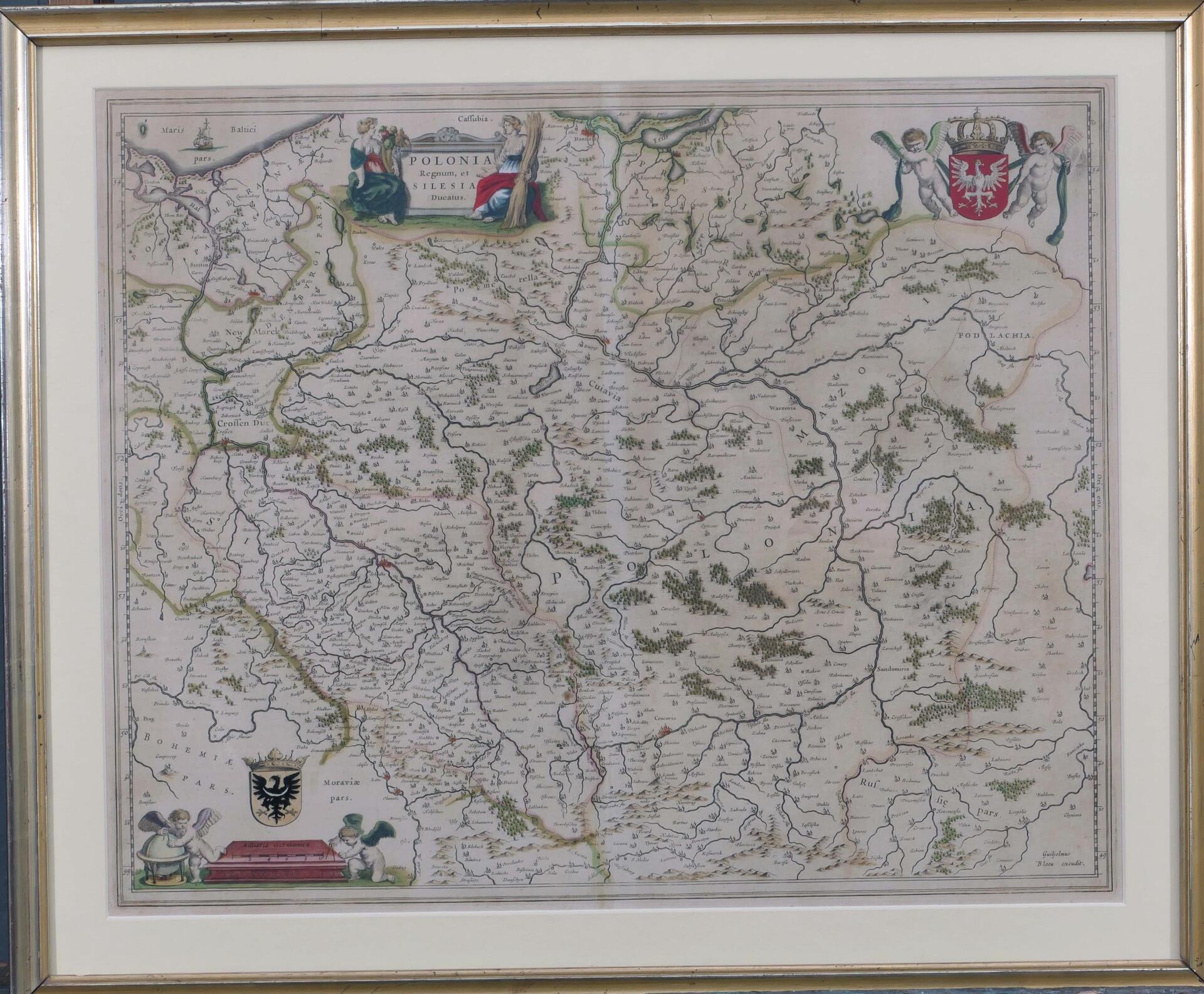 "Polonia Regnum, et Silesia Ducatus", handkolorierte Kupferstichkarte des 18 Jhd., sichtbare Mittel
