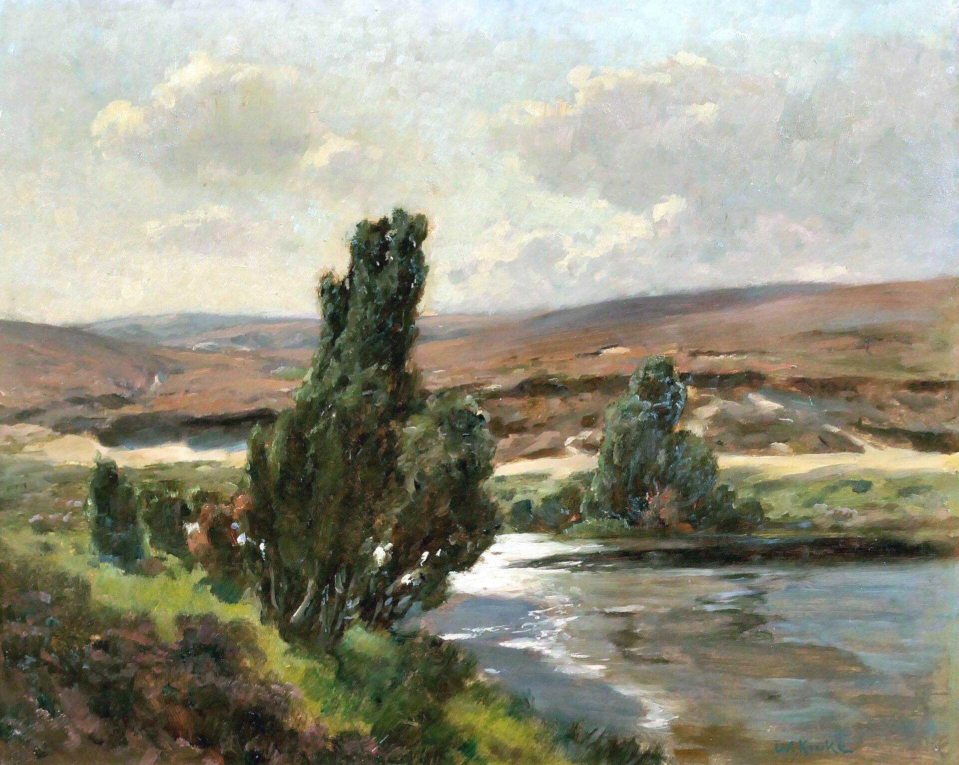 "Lichtdurchflutete Heidelandschaft mit Luhequellen" - Öl auf Palette, ca. 36 x 44 cm, unten rechts