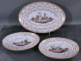 Folge von 3 ovalen Platten, ungemarktes, wohl französisches Weißporzellan des frühen 19. Jhd., aufw