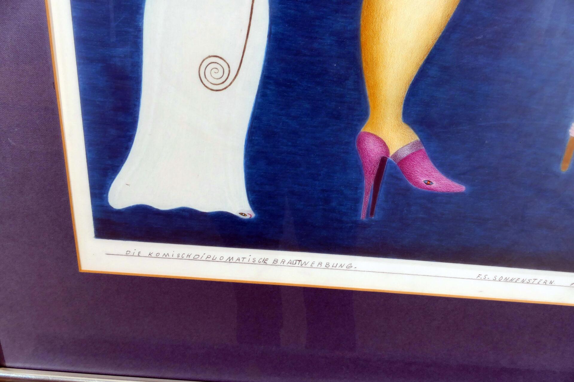 "Die komisch diplomatische Brautwerbung" hinter Glas gerahmte, originale Farbstiftzeichnung auf "Sc - Image 5 of 15