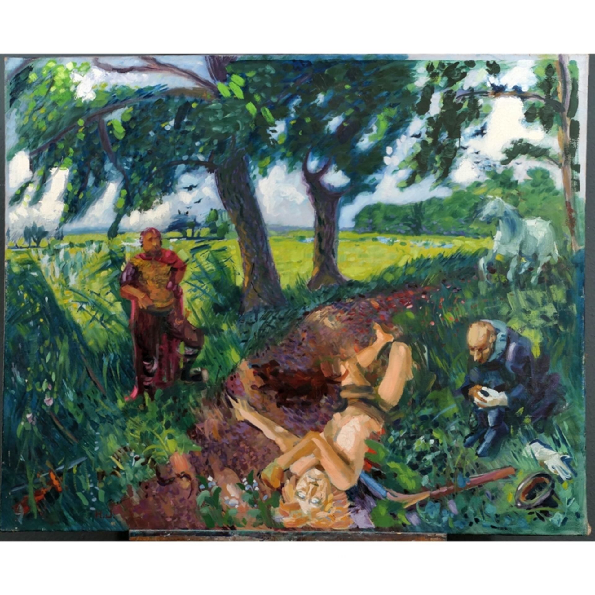 "Tod des Siegfried" - aus dem Zyklus der Siegfried - Sage, großformatiges Gemälde, Öl auf Leinwand, - Bild 2 aus 6