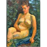 "Im Wald sitzender Damenakt" - großformatiges ungerahmtes Gemälde, Öl auf Leinwand, ca. 100 x 70 cm