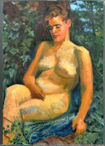 "Im Wald sitzender Damenakt" - großformatiges ungerahmtes Gemälde, Öl auf Leinwand, ca. 100 x 70 cm