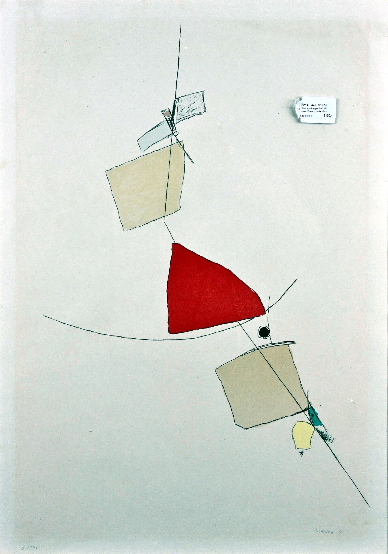 "Abstrakte Komposition" mit rotem "Dreieck", hinter Glas gerahmte multiple Farblithographie des Rud - Bild 2 aus 2